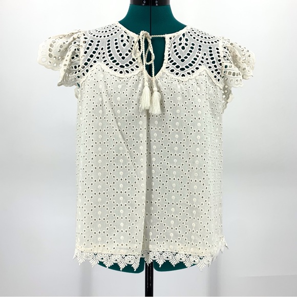 House of Harlow 1960 NWT Ecru Eyelet Lace Ruffled Sleeve Tie Front Top, Small - Picture 3 of 16